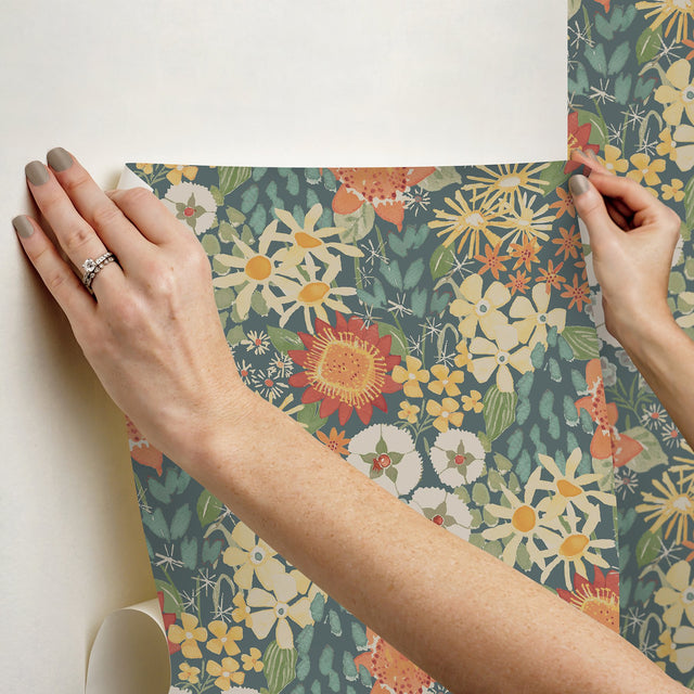 Sadie Teal Peel & Stick Wallpaper with Modern Botanical Flower Pattern - NuWallpaper NUS6222
