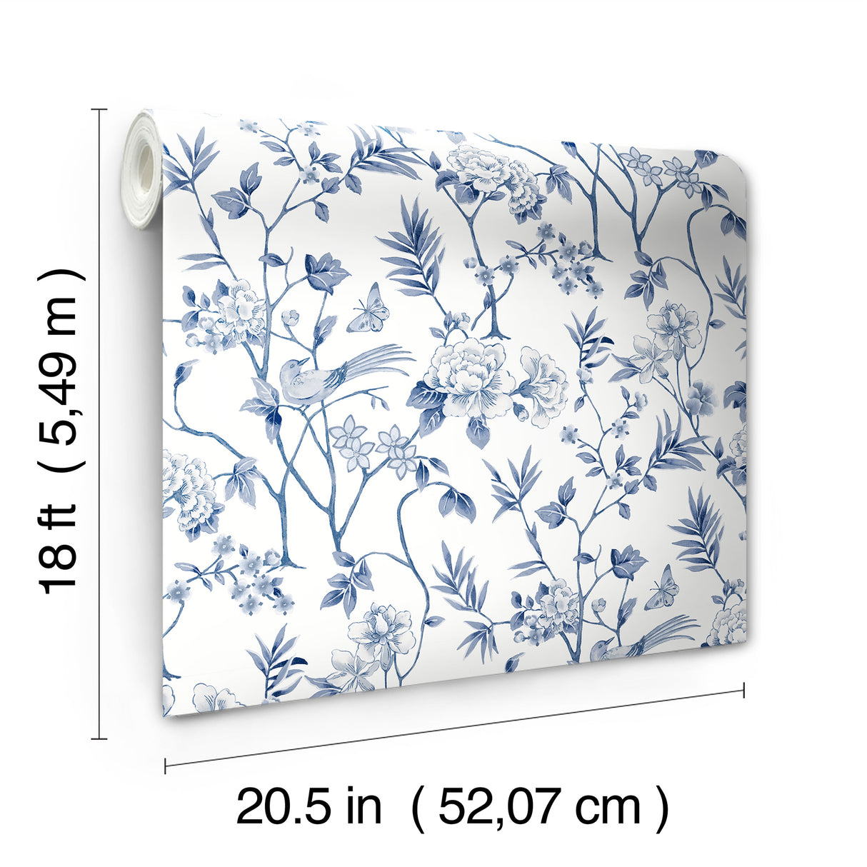 Chinoiserie Garden Indigo Blue and White Botanical Bird and Floral Vine Peel and Stick Wallpaper by NuWallpaper WallPops - NUS6363