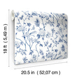 Chinoiserie Garden Indigo Blue and White Botanical Bird and Floral Vine Peel and Stick Wallpaper by NuWallpaper WallPops - NUS6363