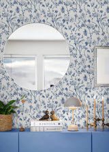 Chinoiserie Garden Indigo Blue and White Botanical Bird and Floral Vine Peel and Stick Wallpaper by NuWallpaper WallPops - NUS6363