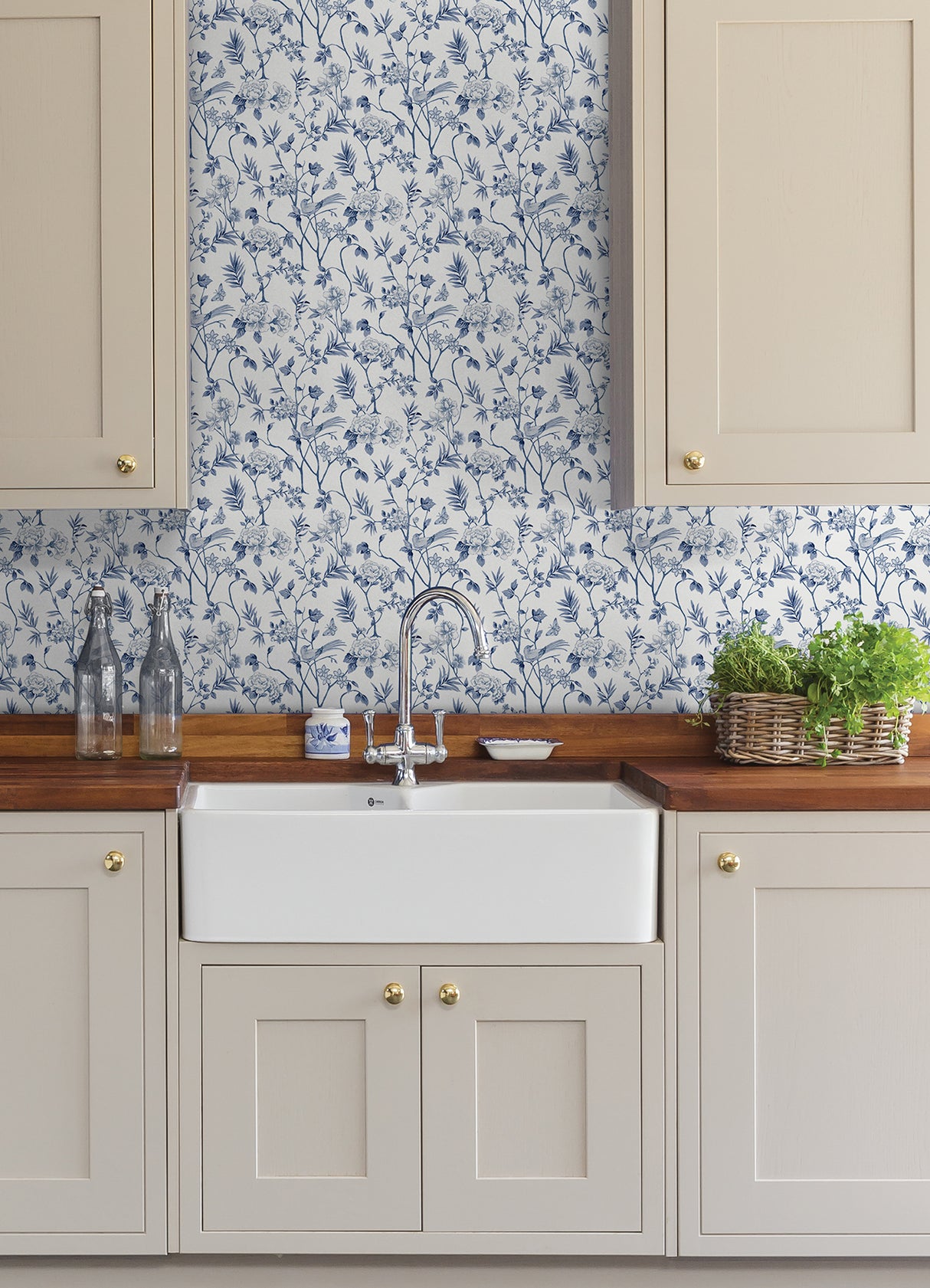 Chinoiserie Garden Indigo Blue and White Botanical Bird and Floral Vine Peel and Stick Wallpaper by NuWallpaper WallPops - NUS6363