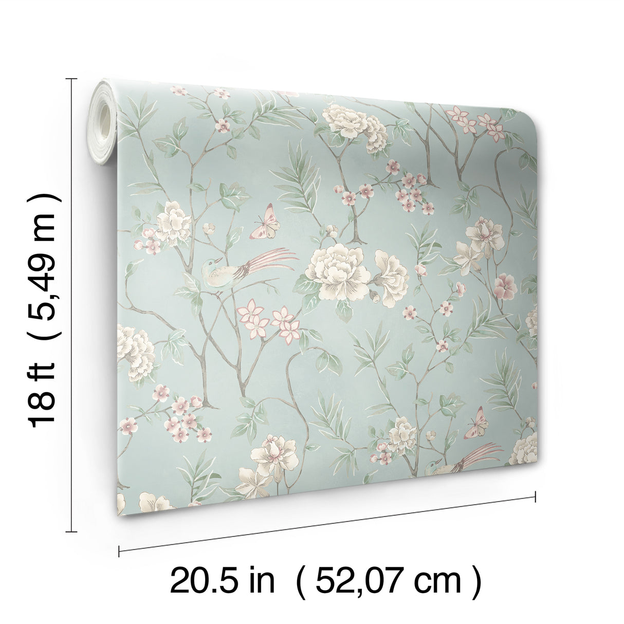 Chinoiserie Garden Robins Egg by NuWallpaper Botanical Floral Bird and Butterfly Peel and Stick Wallpaper in Robin's Egg Blue - NUS6364