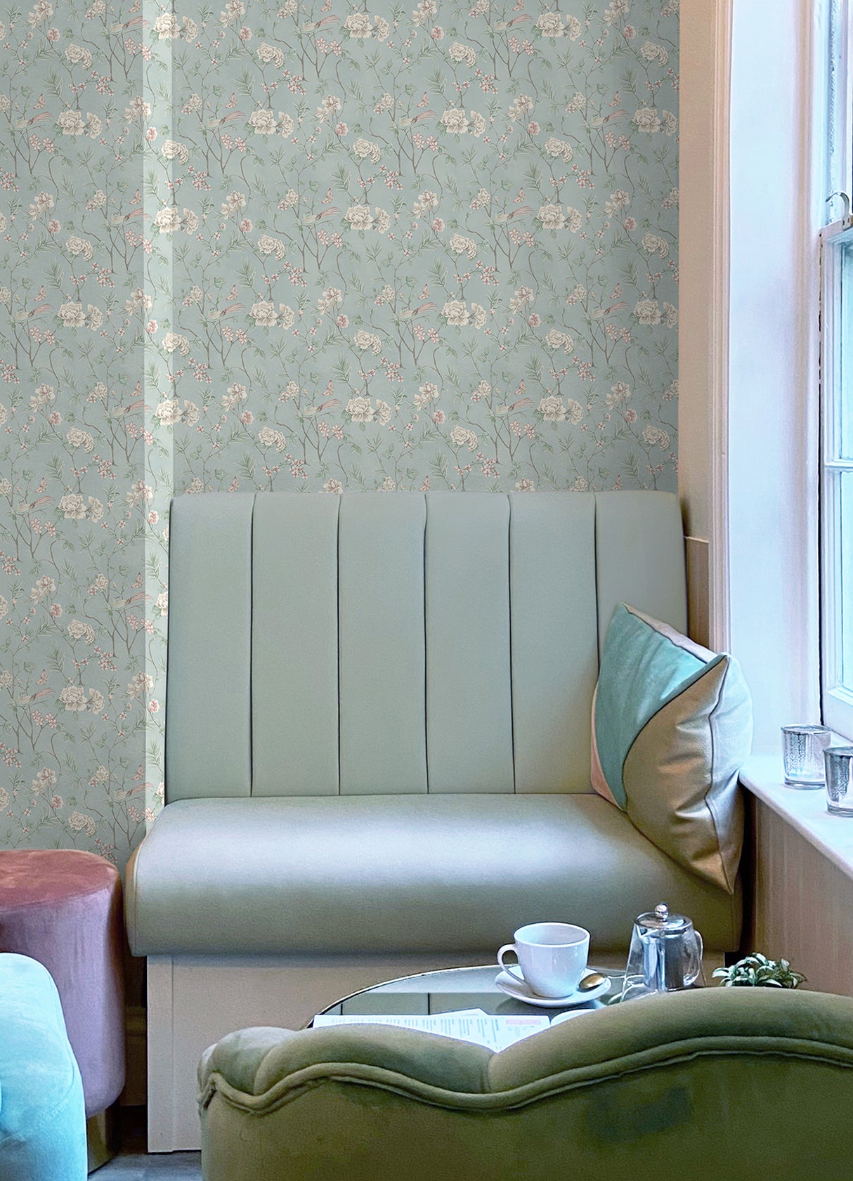 Chinoiserie Garden Robins Egg by NuWallpaper Botanical Floral Bird and Butterfly Peel and Stick Wallpaper in Robin's Egg Blue - NUS6364