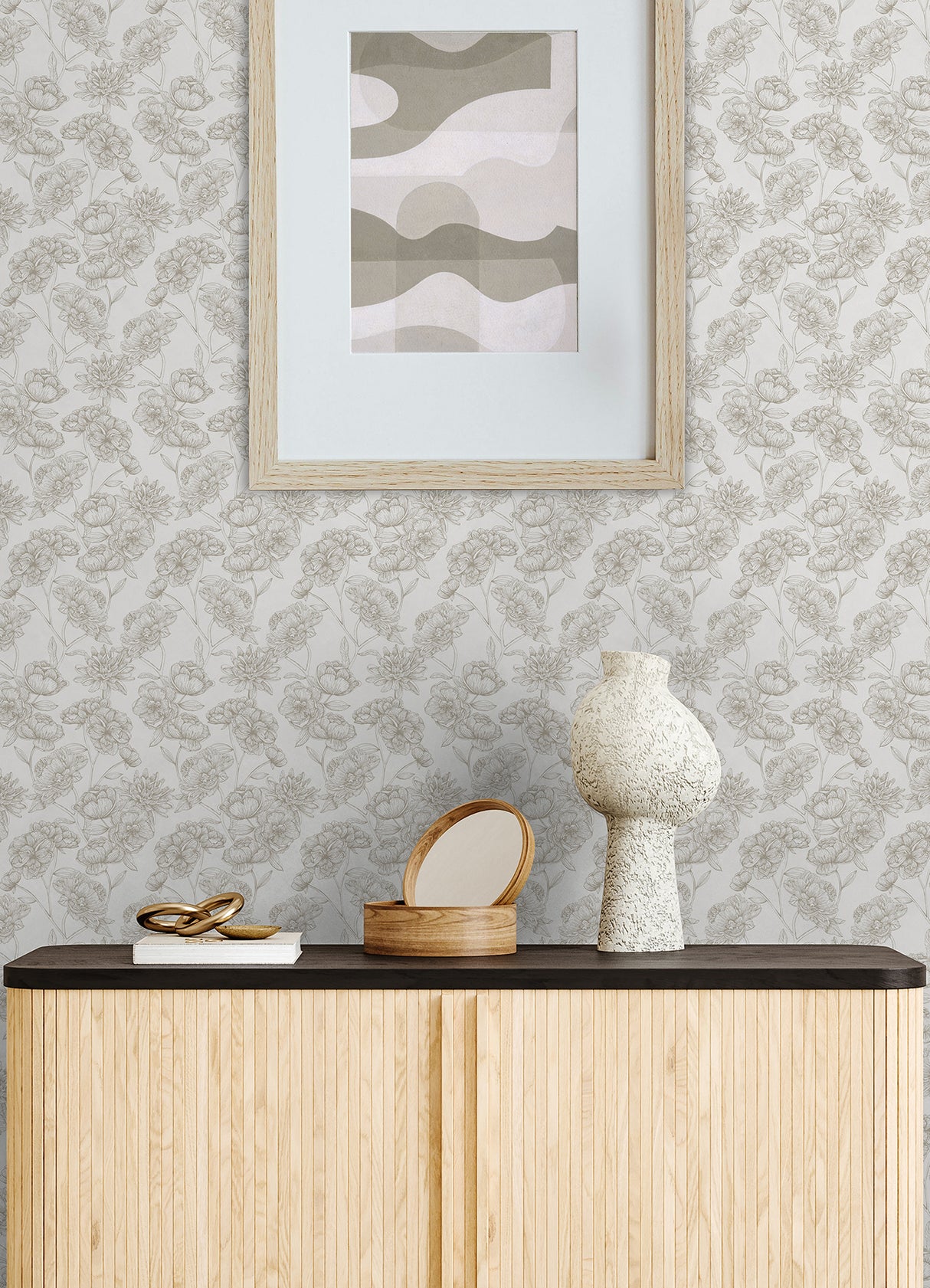 Gilded Floral Cream Peel and Stick Wallpaper by NuWallpaper - Gold Botanical Floral Vine Modern Neutral Fully Removable Wallpaper Roll NUS6366