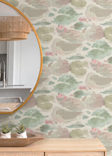 Water Lily Blush and Teal Peel and Stick Wallpaper by NuWallpaper Transitional Botanical Painterly Watercolor Floral Vinyl Pattern - NUS6418