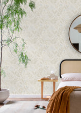 Amanda Beige Peel and Stick Wallpaper by NuWallpaper Transitional Botanical Leaves Neutral Beige and White Fully Removable NUS6422