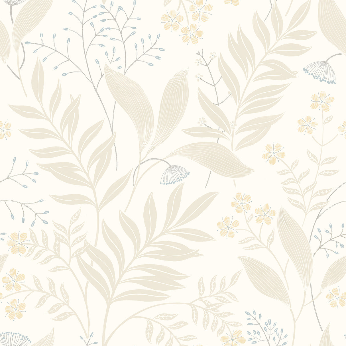 Amanda Beige Peel and Stick Wallpaper by NuWallpaper featuring botanical leaves in neutral beige and white - NUS6422