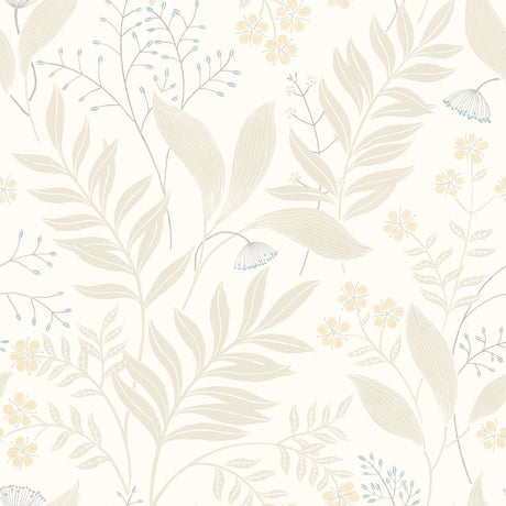 Amanda Beige Peel and Stick Wallpaper by NuWallpaper featuring botanical leaves in neutral beige and white - NUS6422