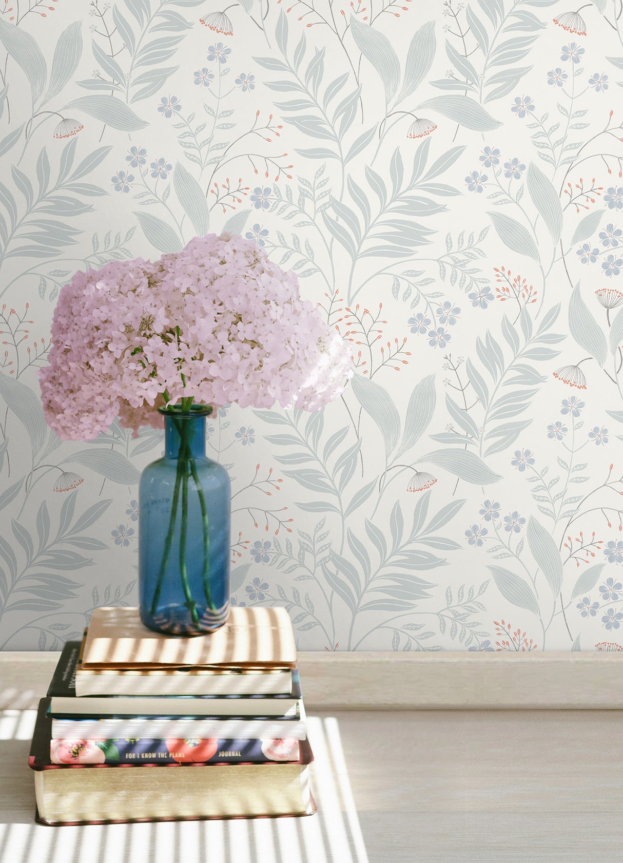 Amanda Blue Green by NuWallpaper Serene Botanical Leaf and Floral Peel and Stick Wallpaper - WallPops Transitional Collection NUS6423