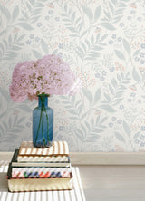 Amanda Blue Green by NuWallpaper Serene Botanical Leaf and Floral Peel and Stick Wallpaper - WallPops Transitional Collection NUS6423