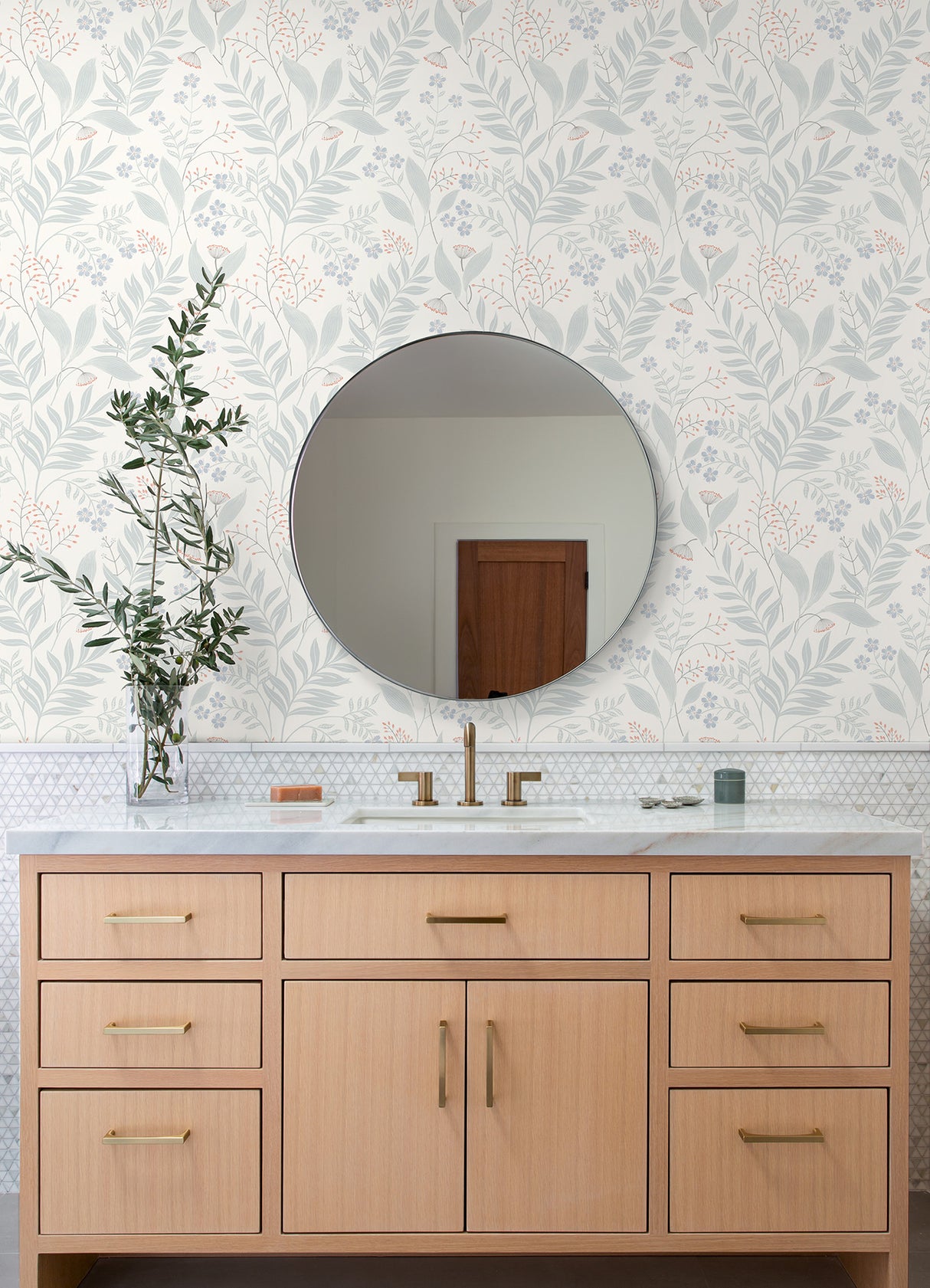 Amanda Blue Green by NuWallpaper Serene Botanical Leaf and Floral Peel and Stick Wallpaper - WallPops Transitional Collection NUS6423