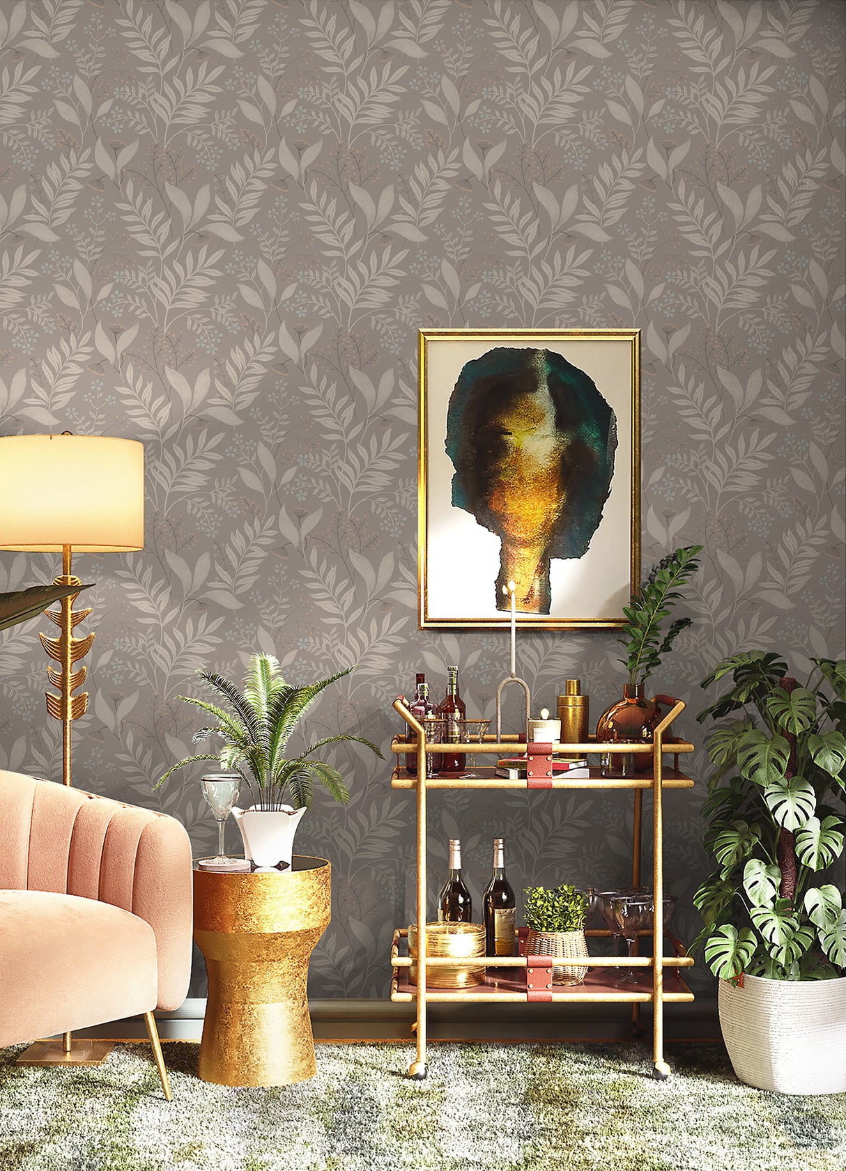 Amanda Taupe Peel and Stick Wallpaper by NuWallpaper Nature-Inspired Botanical Leaves Neutral Transitional WallPops Collection - NUS6424