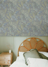 Jesinda Green Peel and Stick Wallpaper with Muted Botanical Florals and Varied Tropical Leaves in Soft Green and Blue Tones by NuWallpaper - NUS6426
