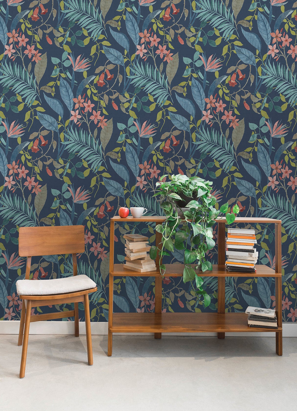 Jesinda Cobalt by NuWallpaper Vibrant Botanical Tropical Floral and Leaf Peel and Stick Wallpaper in Deep Blue Pink and Green NUS6427