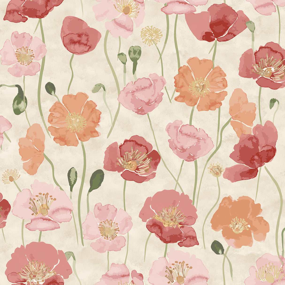 Adelia Pastel Peel and Stick Wallpaper by NuWallpaper - NUS6428 Watercolor Poppy Floral in Pink and Orange