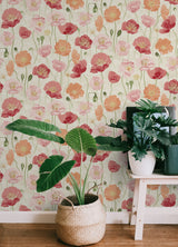 Adelia Pastel Peel and Stick Wallpaper by NuWallpaper Painterly Pink and Orange Watercolor Poppy Floral Botanical Transitional Design NUS6428