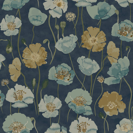 Adelia Indigo Peel and Stick Wallpaper by NuWallpaper NUS6429 - Painterly Watercolor Poppy Floral Pattern in Blue, Green and Gold on Indigo Backdrop