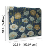 Adelia Indigo by NuWallpaper Painterly Watercolor Poppy Botanical Peel and Stick Wallpaper in Blue, Green and Warm Gold Tones NUS6429
