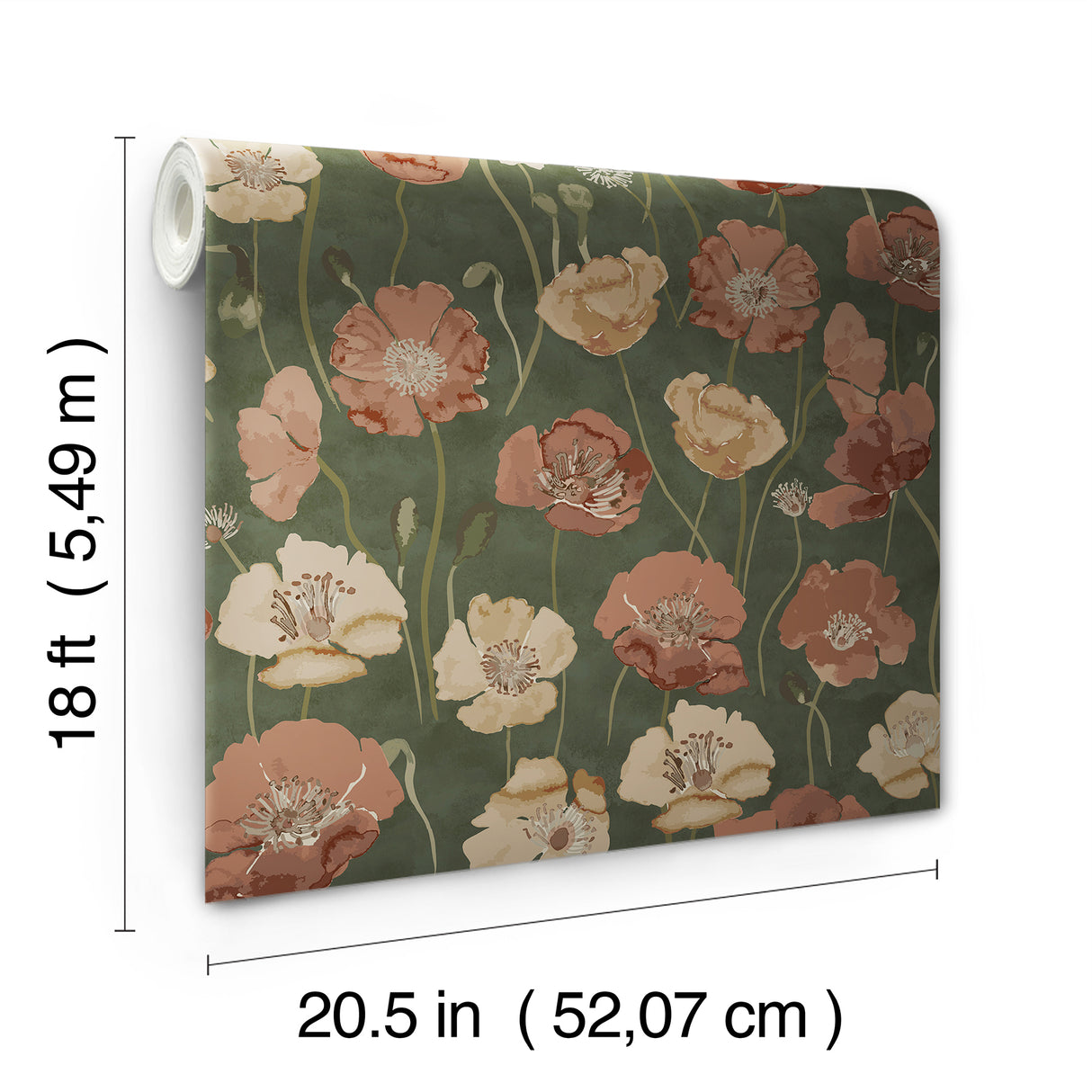 Adelia Moss by NuWallpaper Painterly Watercolor Poppy Floral Transitional Botanical Green Peel and Stick Wallpaper WallPops NUS6430