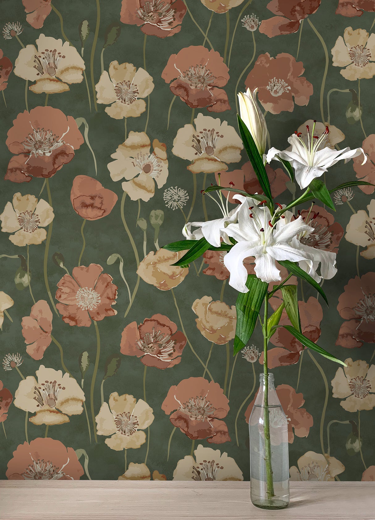 Adelia Moss by NuWallpaper Painterly Watercolor Poppy Floral Transitional Botanical Green Peel and Stick Wallpaper WallPops NUS6430