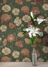 Adelia Moss by NuWallpaper Painterly Watercolor Poppy Floral Transitional Botanical Green Peel and Stick Wallpaper WallPops NUS6430