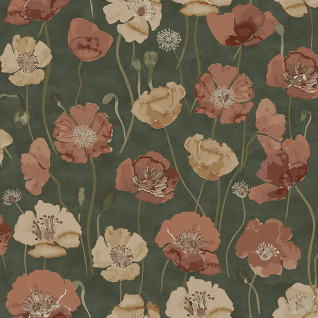 Adelia Moss Peel and Stick Wallpaper by NuWallpaper NUS6430 Painterly Watercolor Poppy Botanical Floral Green