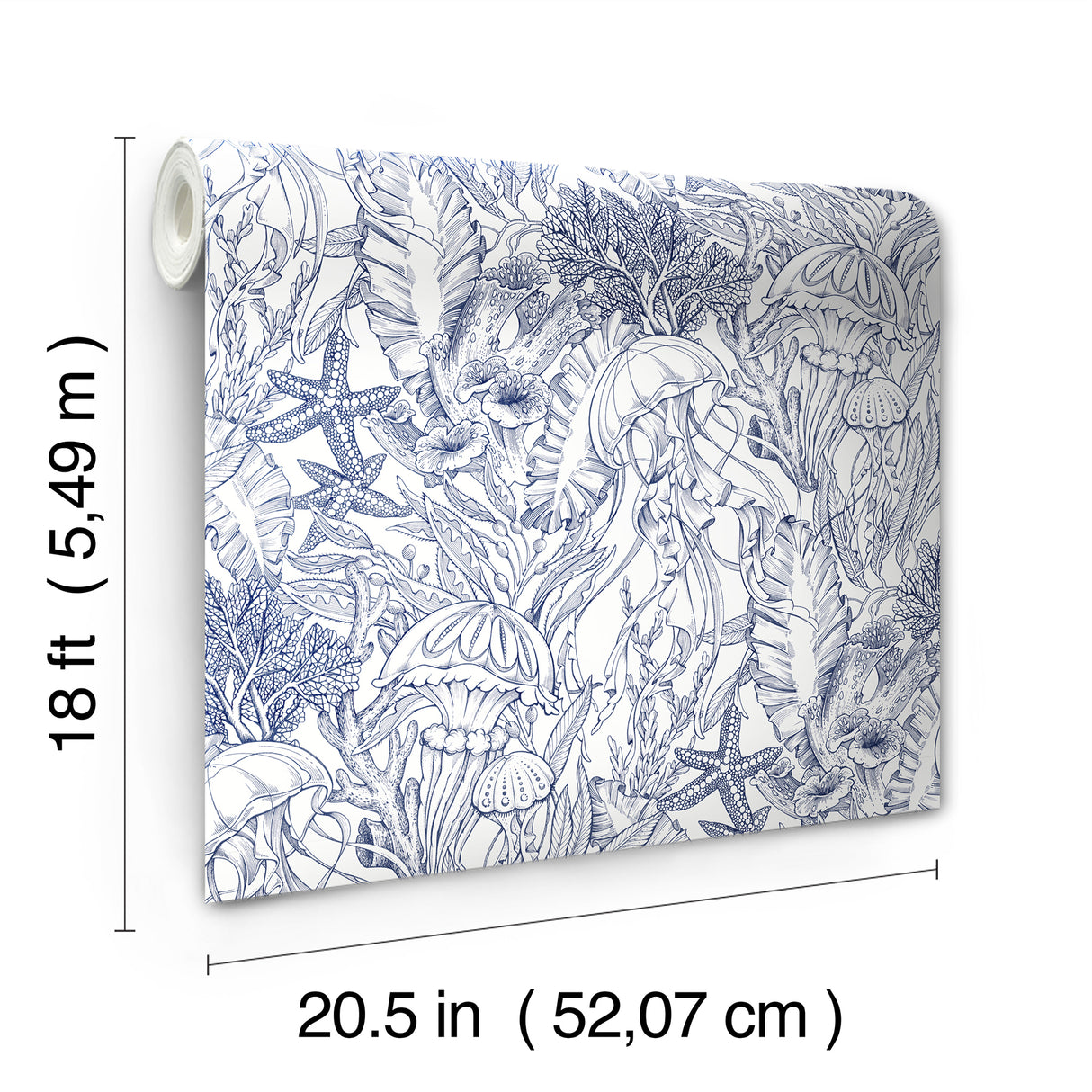 Under the Sea Navy Blue by NuWallpaper Illustrative Nautical Seascape with Jellyfish and Coral Peel and Stick Wallpaper - NUS6494