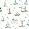 Set Sail Blue Green Peel and Stick Wallpaper by NuWallpaper - NUS6497 - Coastal Nautical Watercolor Sailboats and Lighthouses Toile Pattern