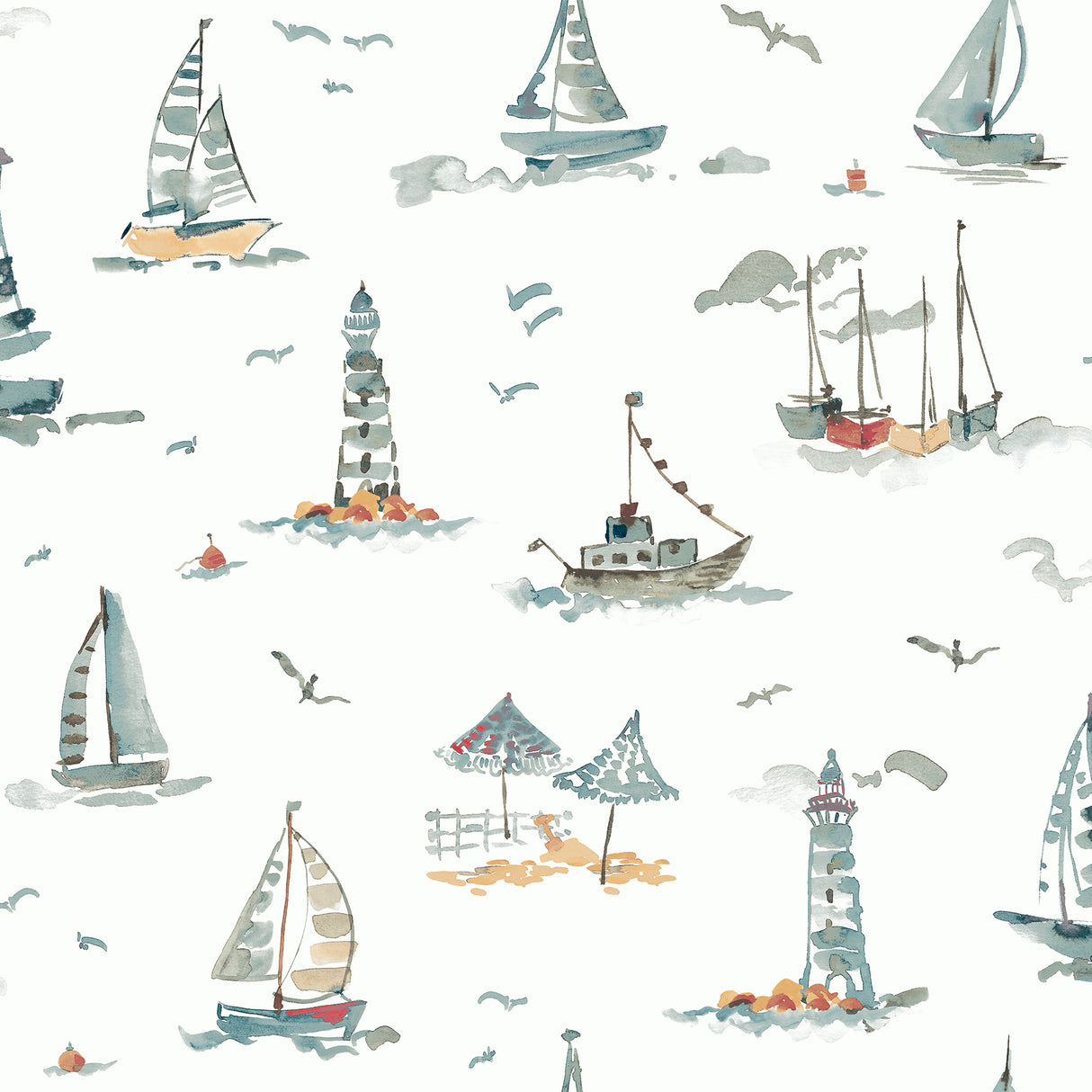 Set Sail Blue Green Peel and Stick Wallpaper by NuWallpaper - NUS6497 - Coastal Nautical Watercolor Sailboats and Lighthouses Toile Pattern
