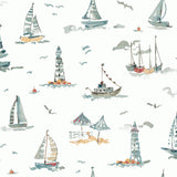 Set Sail Blue Green Peel and Stick Wallpaper by NuWallpaper - NUS6497 - Coastal Nautical Watercolor Sailboats and Lighthouses Toile Pattern