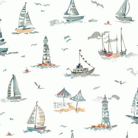 Set Sail Blue Green Peel and Stick Wallpaper by NuWallpaper - NUS6497 - Coastal Nautical Watercolor Sailboats and Lighthouses Toile Pattern