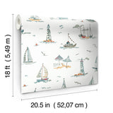 Set Sail Blue Green by NuWallpaper Coastal Nautical Watercolor Sailboats, Lighthouses and Seagulls Toile Peel and Stick Wallpaper - NUS6497