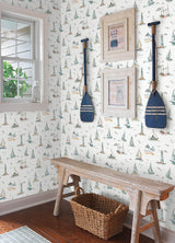 Set Sail Blue Green by NuWallpaper Coastal Nautical Watercolor Sailboats, Lighthouses and Seagulls Toile Peel and Stick Wallpaper - NUS6497