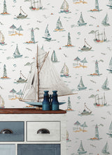 Set Sail Blue Green by NuWallpaper Coastal Nautical Watercolor Sailboats, Lighthouses and Seagulls Toile Peel and Stick Wallpaper - NUS6497