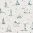 Set Sail Taupe Peel and Stick Wallpaper by NuWallpaper NUS6498 - Watercolor nautical sailboats, lighthouses, and beach scenes in blue and taupe