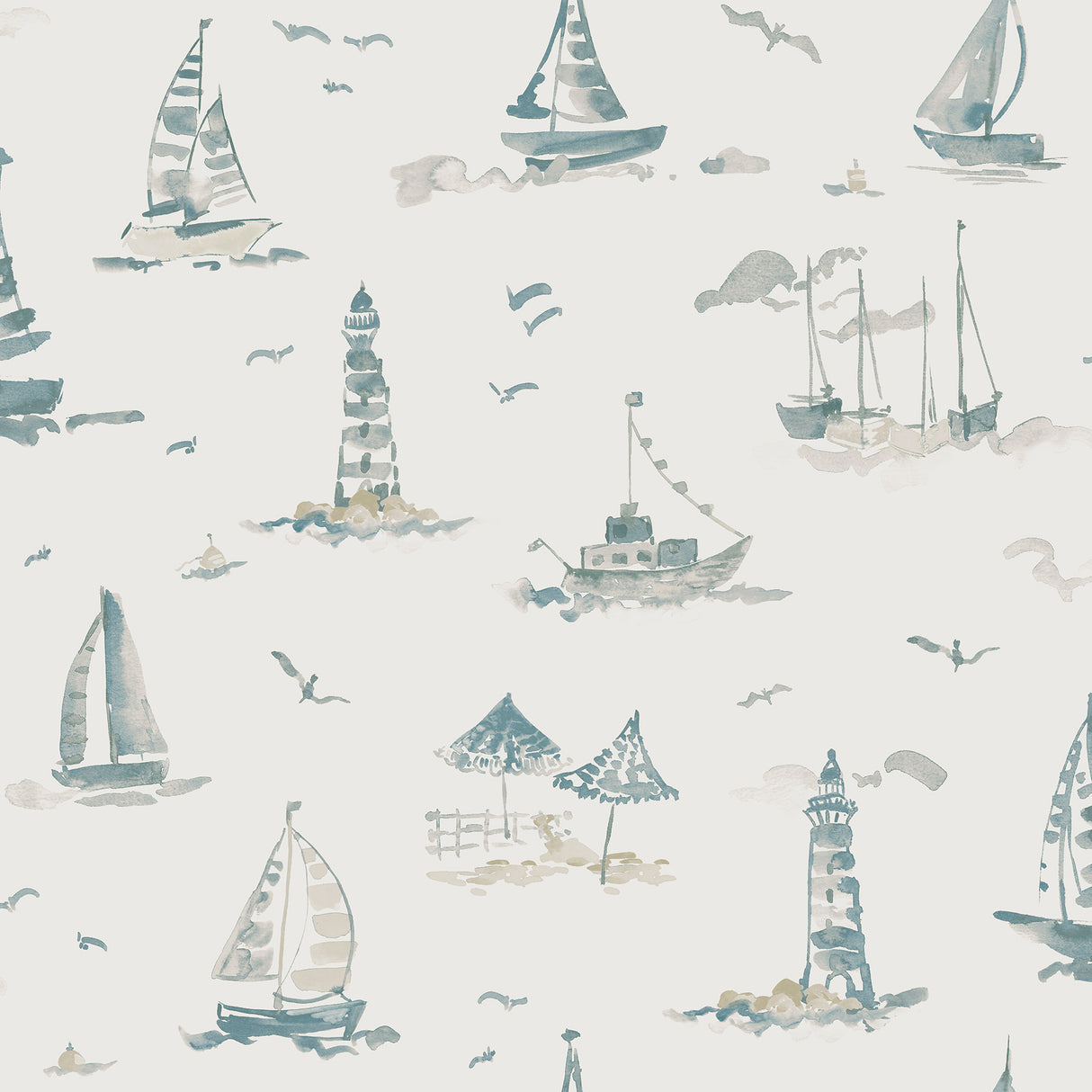 Set Sail Taupe Peel and Stick Wallpaper by NuWallpaper NUS6498 - Watercolor nautical sailboats, lighthouses, and beach scenes in blue and taupe