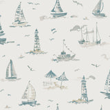 Set Sail Taupe Peel and Stick Wallpaper by NuWallpaper NUS6498 - Watercolor nautical sailboats, lighthouses, and beach scenes in blue and taupe