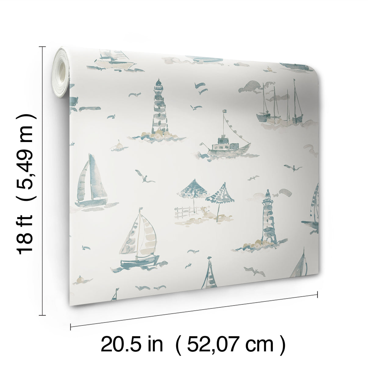 Set Sail Taupe by NuWallpaper Breezy Watercolor Nautical Sailboat Lighthouse and Coastal Scene Peel and Stick Wallpaper - NUS6498