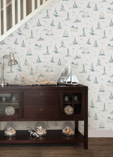 Set Sail Taupe by NuWallpaper Breezy Watercolor Nautical Sailboat Lighthouse and Coastal Scene Peel and Stick Wallpaper - NUS6498