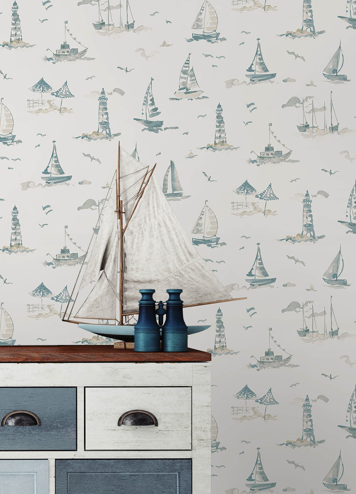 Set Sail Taupe by NuWallpaper Breezy Watercolor Nautical Sailboat Lighthouse and Coastal Scene Peel and Stick Wallpaper - NUS6498