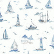 Set Sail Blue Peel and Stick Wallpaper NUS6499 by NuWallpaper featuring nautical watercolor sailboats, lighthouses, and coastal motifs in blue and white