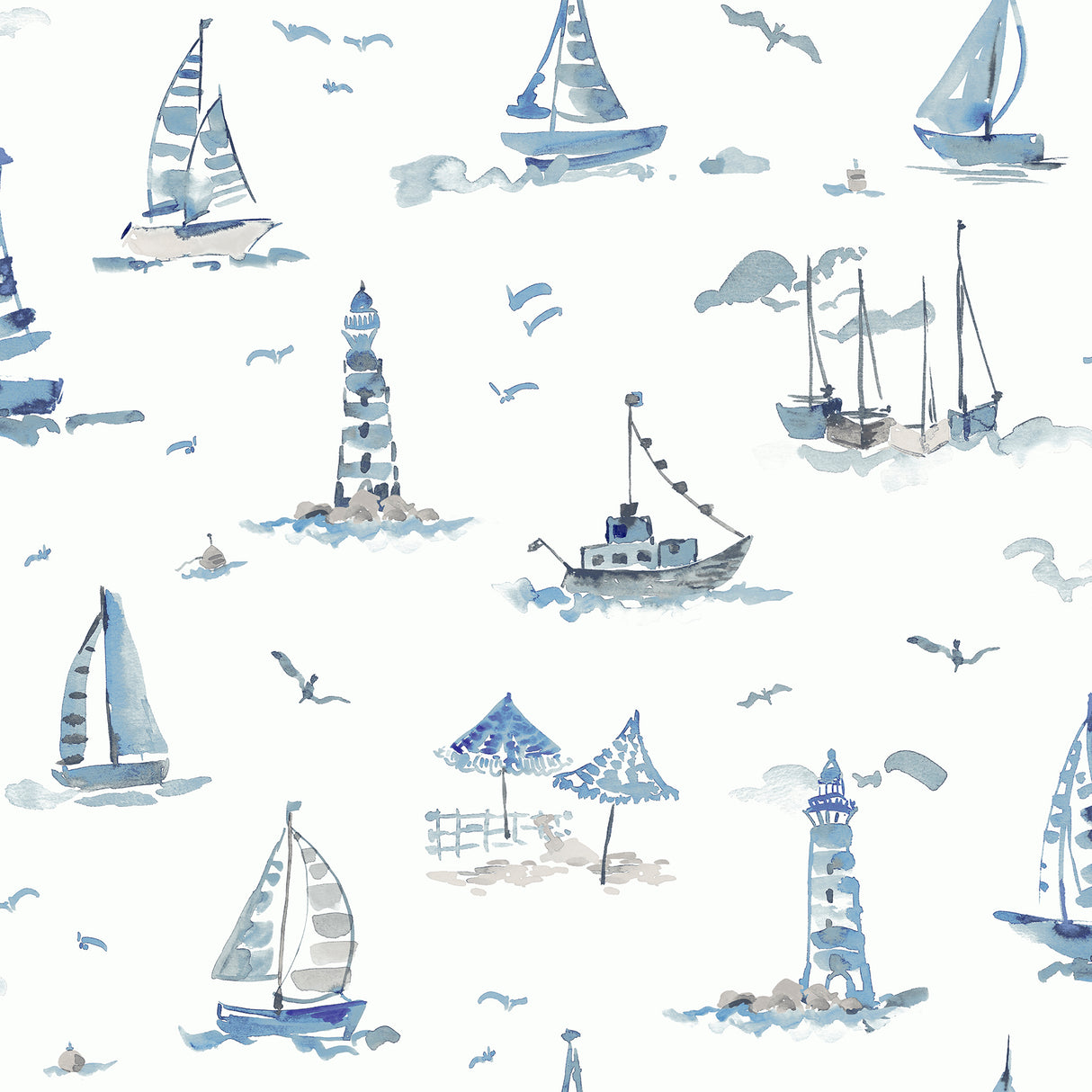 Set Sail Blue Peel and Stick Wallpaper NUS6499 by NuWallpaper featuring nautical watercolor sailboats, lighthouses, and coastal motifs in blue and white