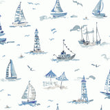 Set Sail Blue Peel and Stick Wallpaper NUS6499 by NuWallpaper featuring nautical watercolor sailboats, lighthouses, and coastal motifs in blue and white