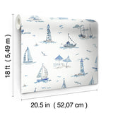 Set Sail Blue Peel and Stick Wallpaper by NuWallpaper Breezy Nautical Watercolor Sailboats and Lighthouses Coastal Toile Design NUS6499