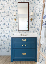 Set Sail Blue Peel and Stick Wallpaper by NuWallpaper Breezy Nautical Watercolor Sailboats and Lighthouses Coastal Toile Design NUS6499