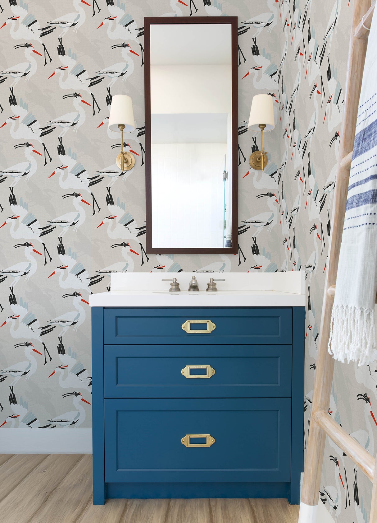Coastal Wings Tan by NuWallpaper Coastal Crane Bird Peel and Stick Wallpaper with Linen Texture in Tan Black and Red Accents - NUS6500