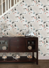 Coastal Wings Tan by NuWallpaper Coastal Crane Bird Peel and Stick Wallpaper with Linen Texture in Tan Black and Red Accents - NUS6500