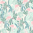 Flamingo Fun Green Peel and Stick Wallpaper by WallPops featuring pink flamingos amid lush tropical botanical leaves on a light green background