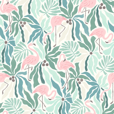 Flamingo Fun Green Peel and Stick Wallpaper by WallPops featuring pink flamingos amid lush tropical botanical leaves on a light green background