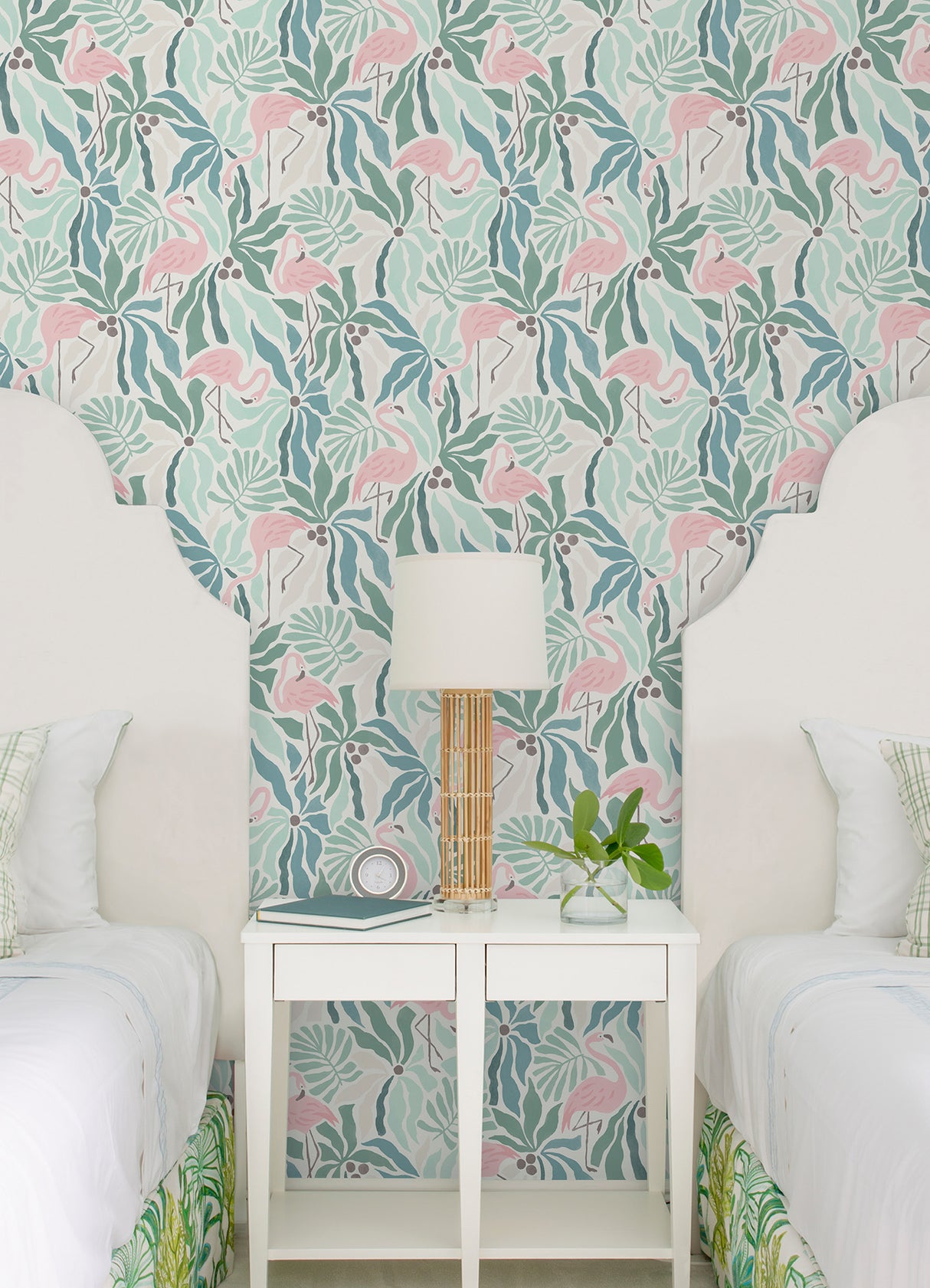 Flamingo Fun Green by WallPops Tropical Pink Flamingo Bird and Leafy Botanical Peel and Stick Removable Wallpaper for Rentals NUS6622